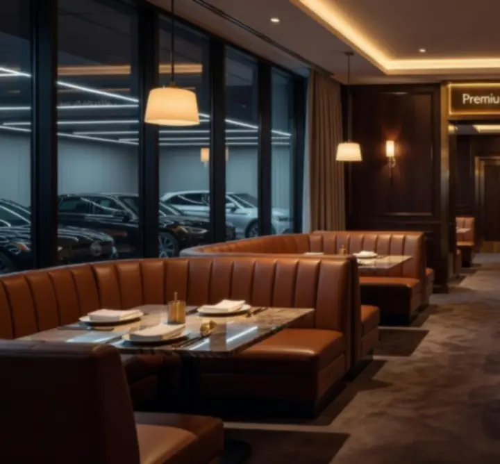 Ambiance intérieure du lounge avec éclairages tamisés et mobilier haut de gamme