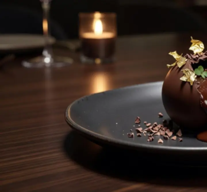 Dessert gourmet au chocolat dressé avec finesse sur une assiette noire élégante