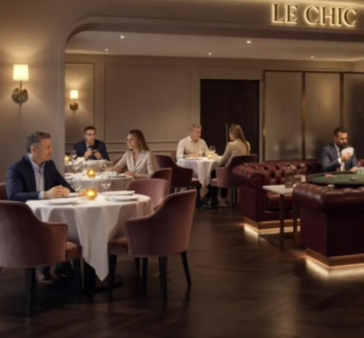 Salle de restaurant contemporaine avec tables de poker élégantes