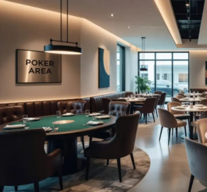 Vue d’ensemble du Premium Car Shine Hub Lounge avec tables de poker et espace bar