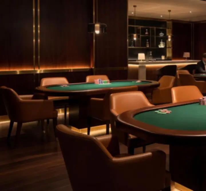 Salle de poker moderne du Premium Car Shine Hub Lounge avec tables et éclairage chaleureux.