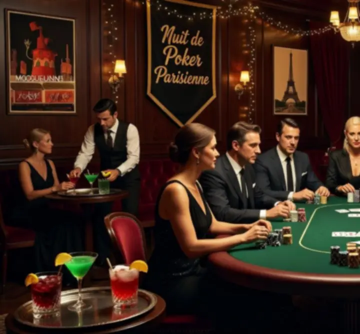 Soirée poker à thème avec ambiance lumineuse et tables élégantes